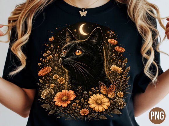 Black Cat Autumn Floral Moon Art T-shirt