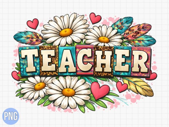 Teacher Daisy Floral Hearts School PNG